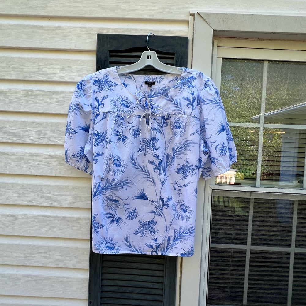 NWT Talbots Pretty White Blue Floral Double Bow Front Short Sleeve Blouse